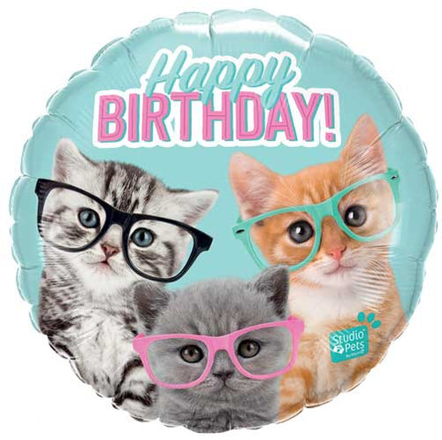 HAPPY BDAY BALLOON KITTENS WITH GLASSES