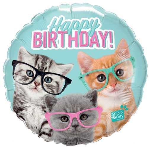 HAPPY BDAY BALLOON KITTENS WITH GLASSES