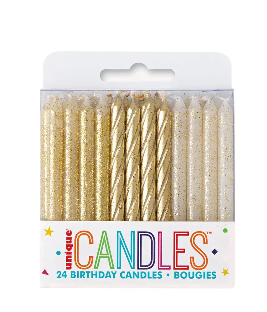 GOLD GLITTER CANDLES 24 PK