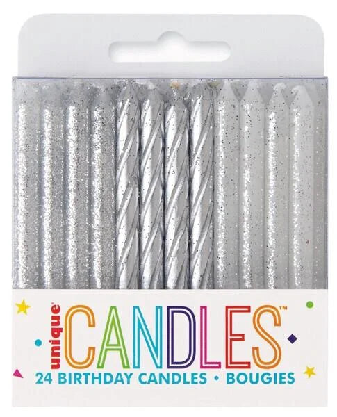 SILVER GLITTER CANDLES 24 PK