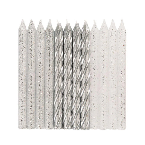 SILVER GLITTER CANDLES 24 PK
