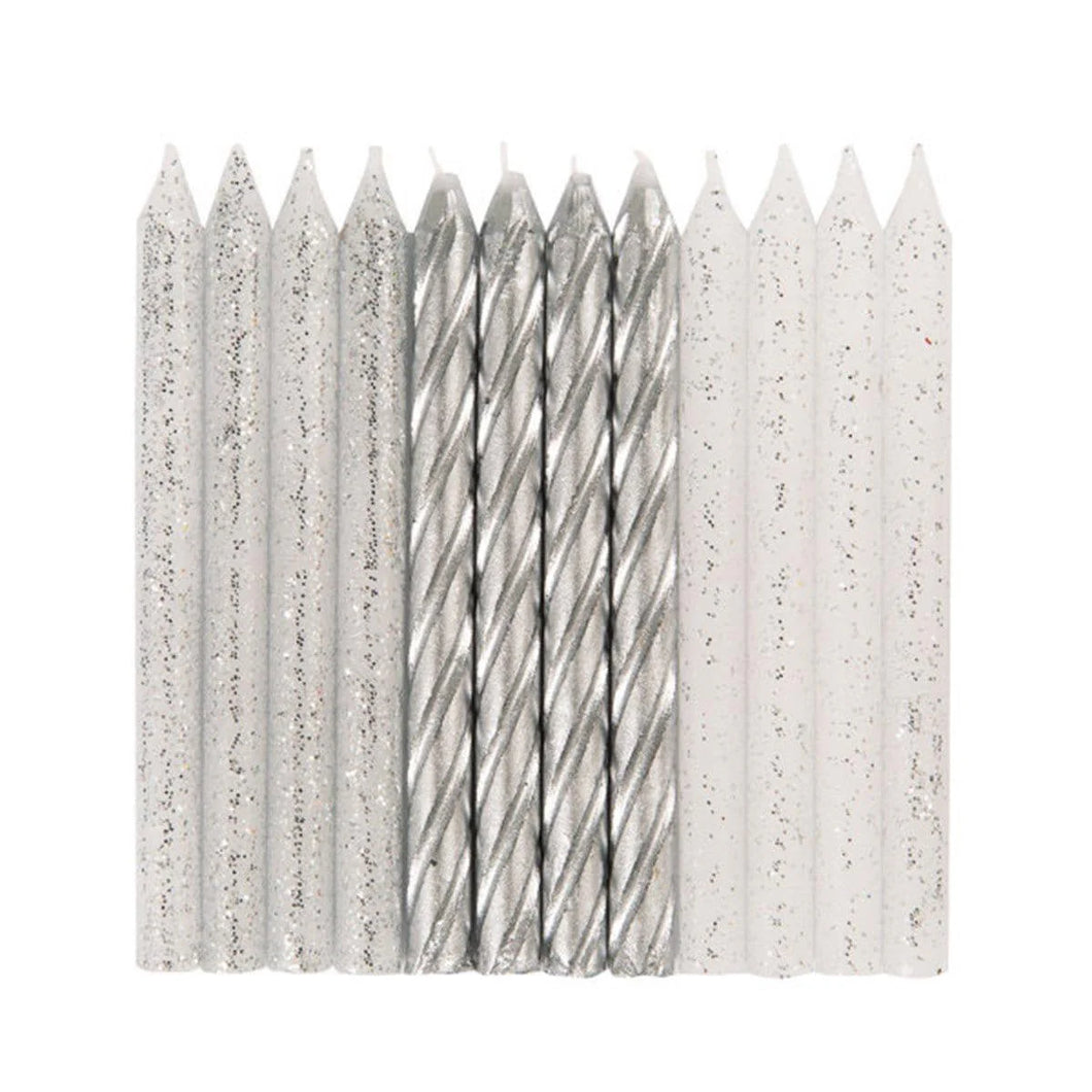 SILVER GLITTER CANDLES 24 PK